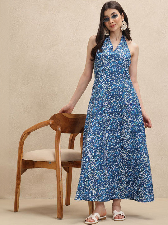 Women's V-Neck A-Line Floral Midi Dress
