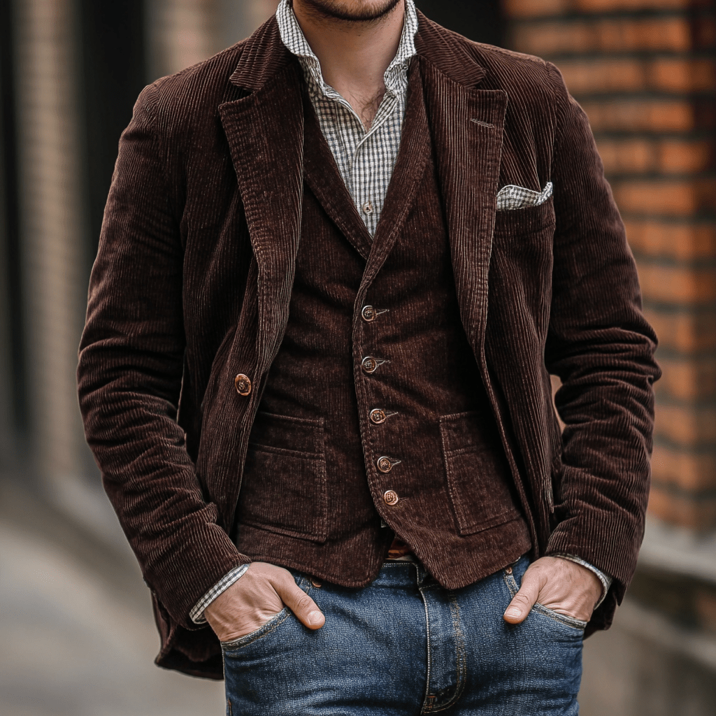 Classic Corduroy Blazer & Vest Set - Navy Two-Piece