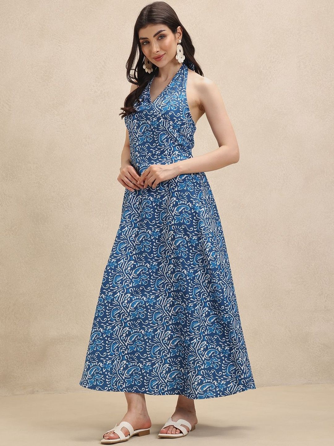 Women's V-Neck A-Line Floral Midi Dress