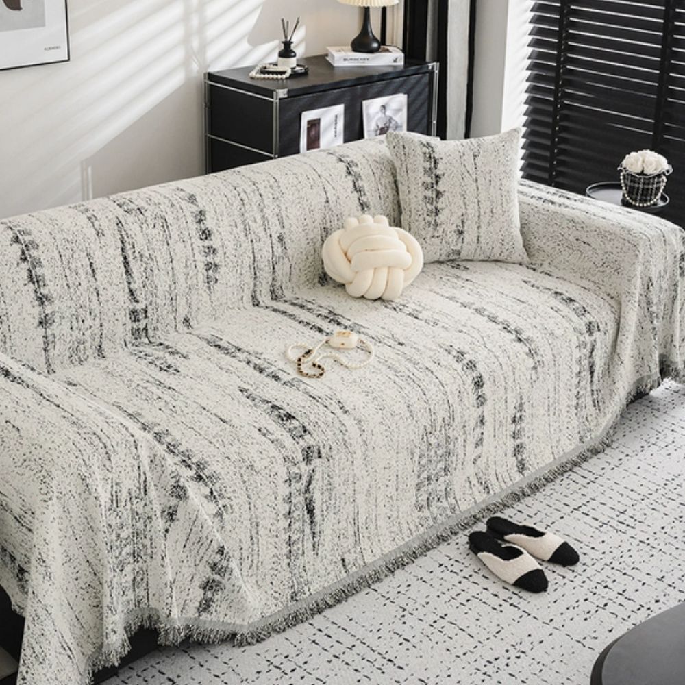 Almond Crest Chenille Couch Cover - Soft Neutral Sofa Throw