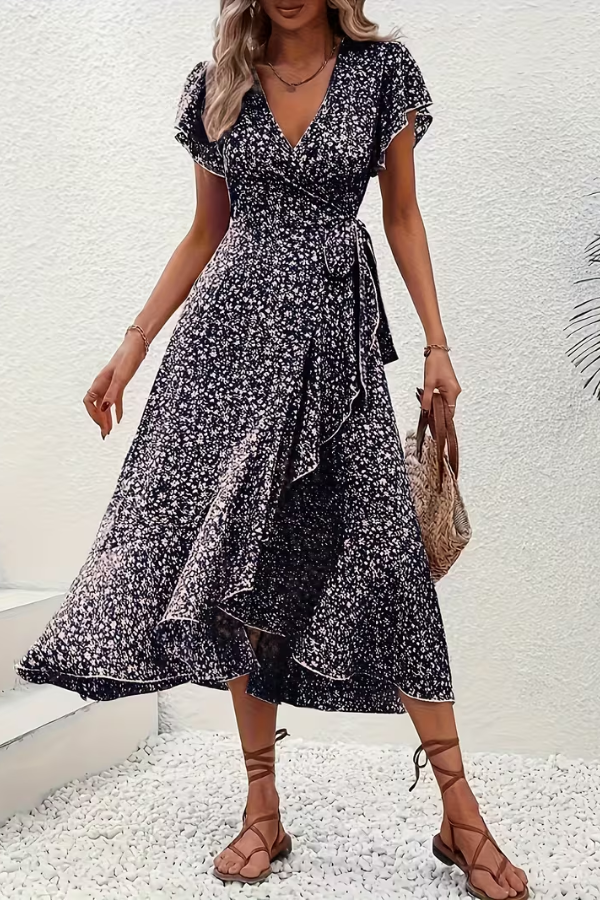 Floral V-Neck Dress with Asymmetrical Detailing