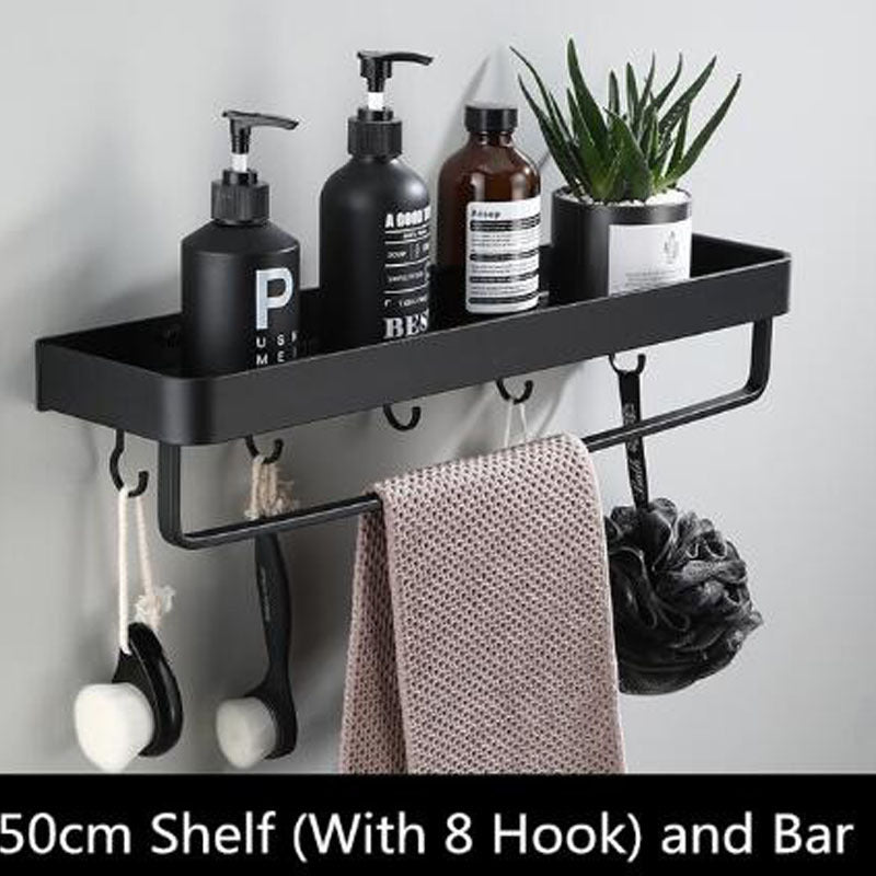 Black Aluminium Bathroom Wall Shelf with Hooks and Rod Options