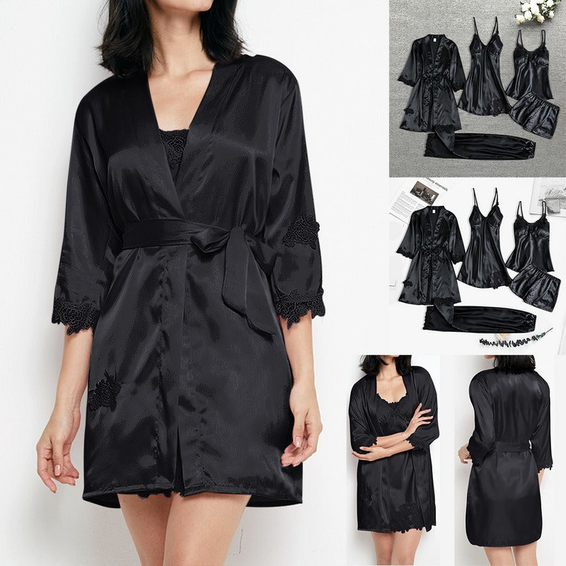 Luxury Silk Sleepwear Set | Lace Trim Kimono, Cami & Shorts