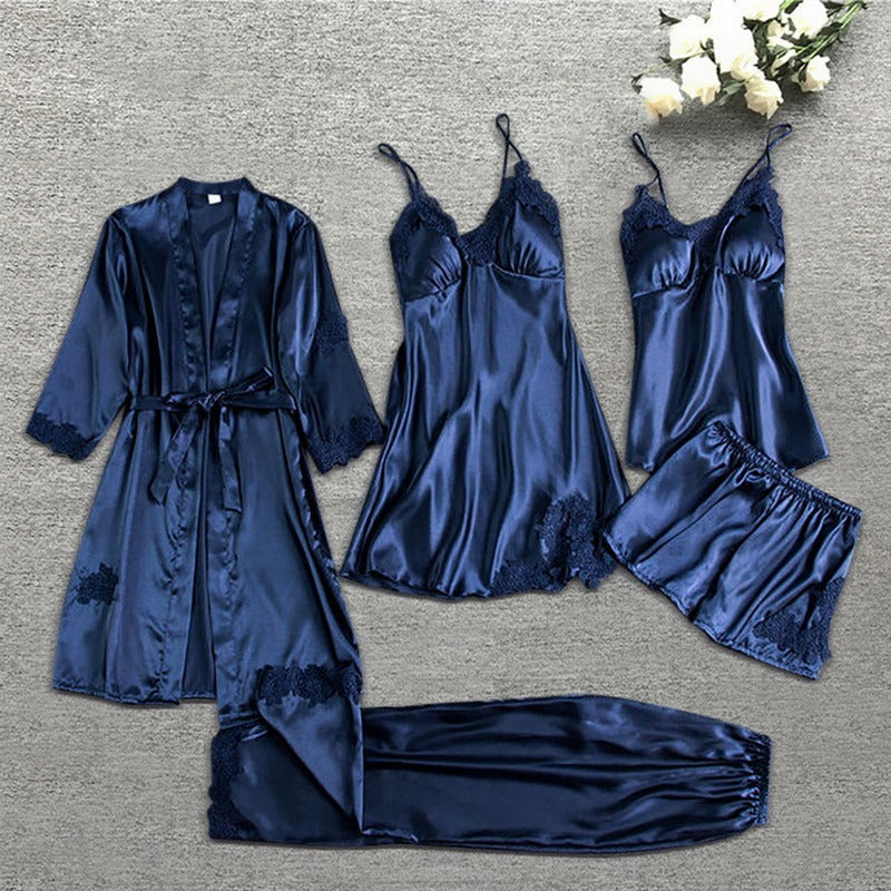 Luxury Silk Sleepwear Set | Lace Trim Kimono, Cami & Shorts