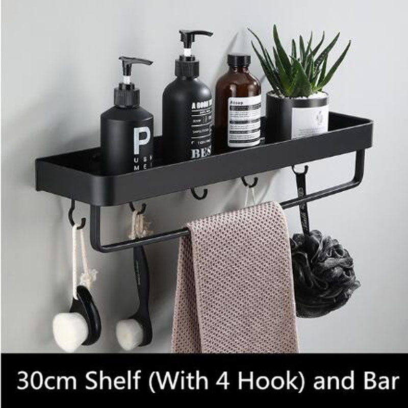 Black Aluminium Bathroom Wall Shelf with Hooks and Rod Options
