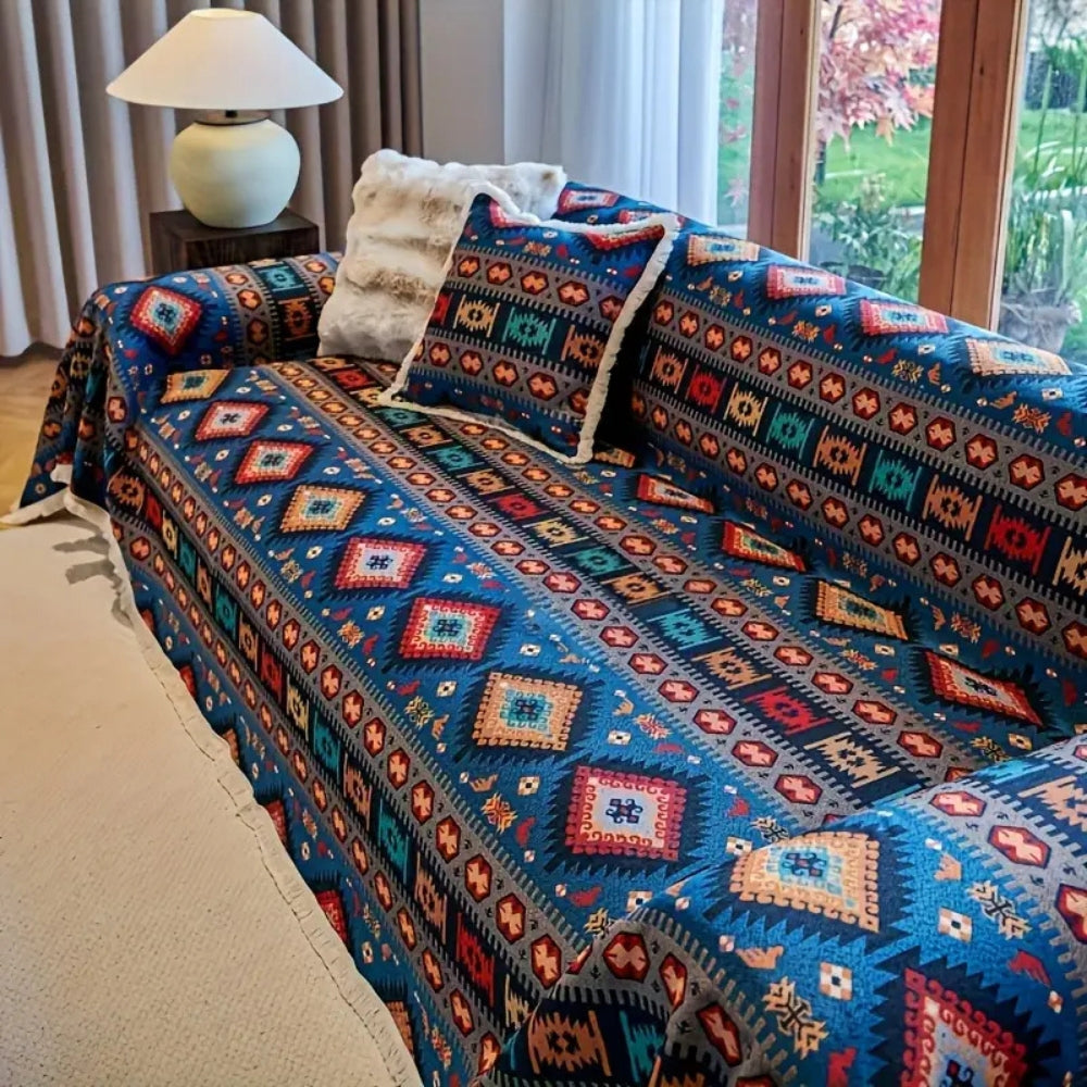 Boho Chenille Couch Cover, Geometric Jacquard Weave