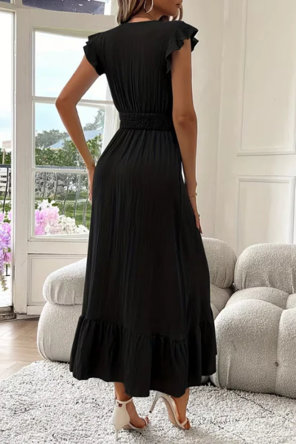 Deep V-Neck Ruffle Sleeve Maxi Dress for Summer Elegance