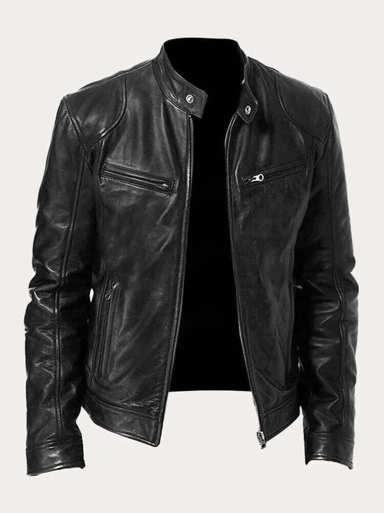 Men's Classic Leather Jacket - Stand Collar, Front Zip