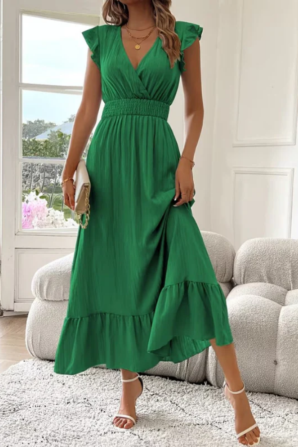 Deep V-Neck Ruffle Sleeve Maxi Dress for Summer Elegance