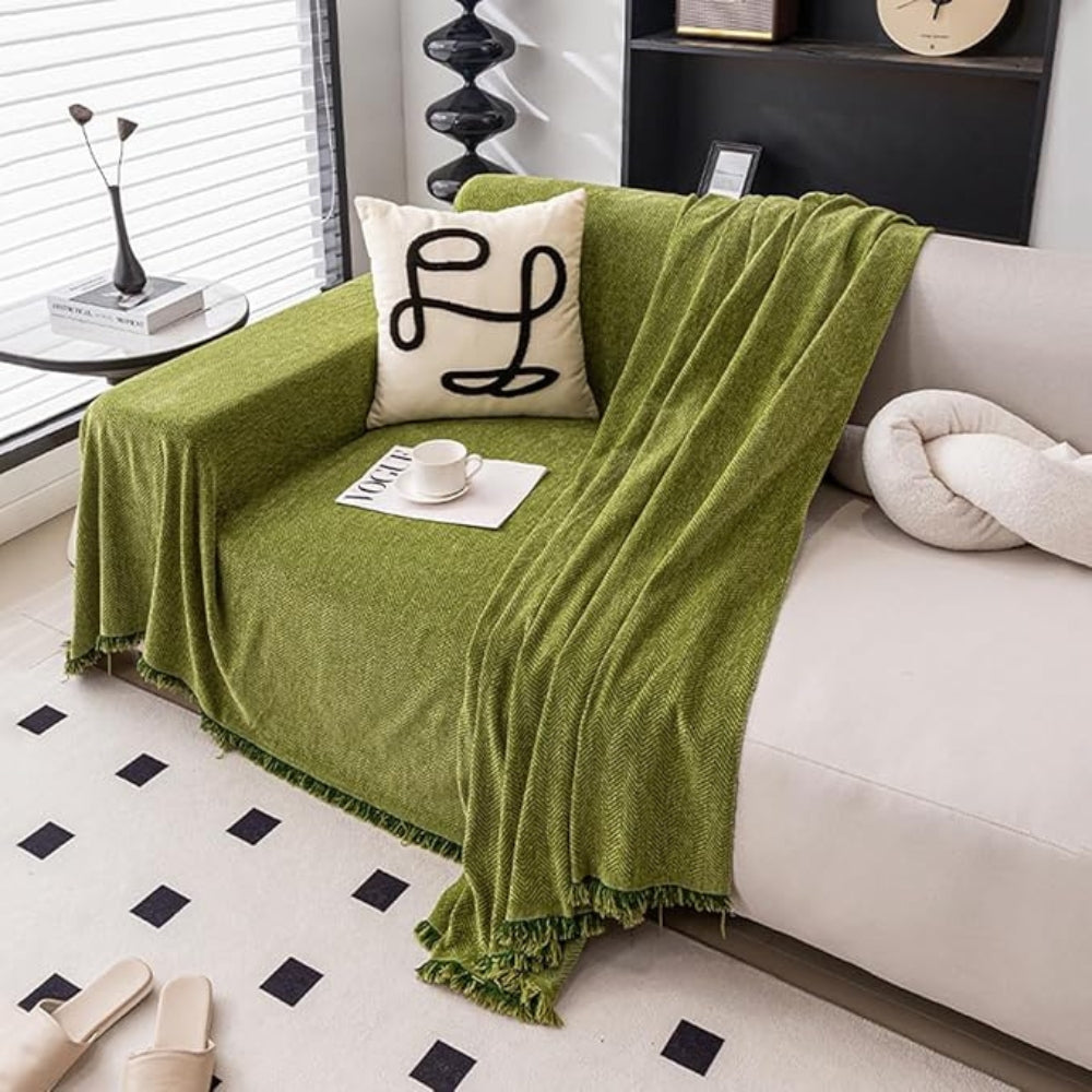 Minimalist Chenille Couch Cover with Tassel Trim