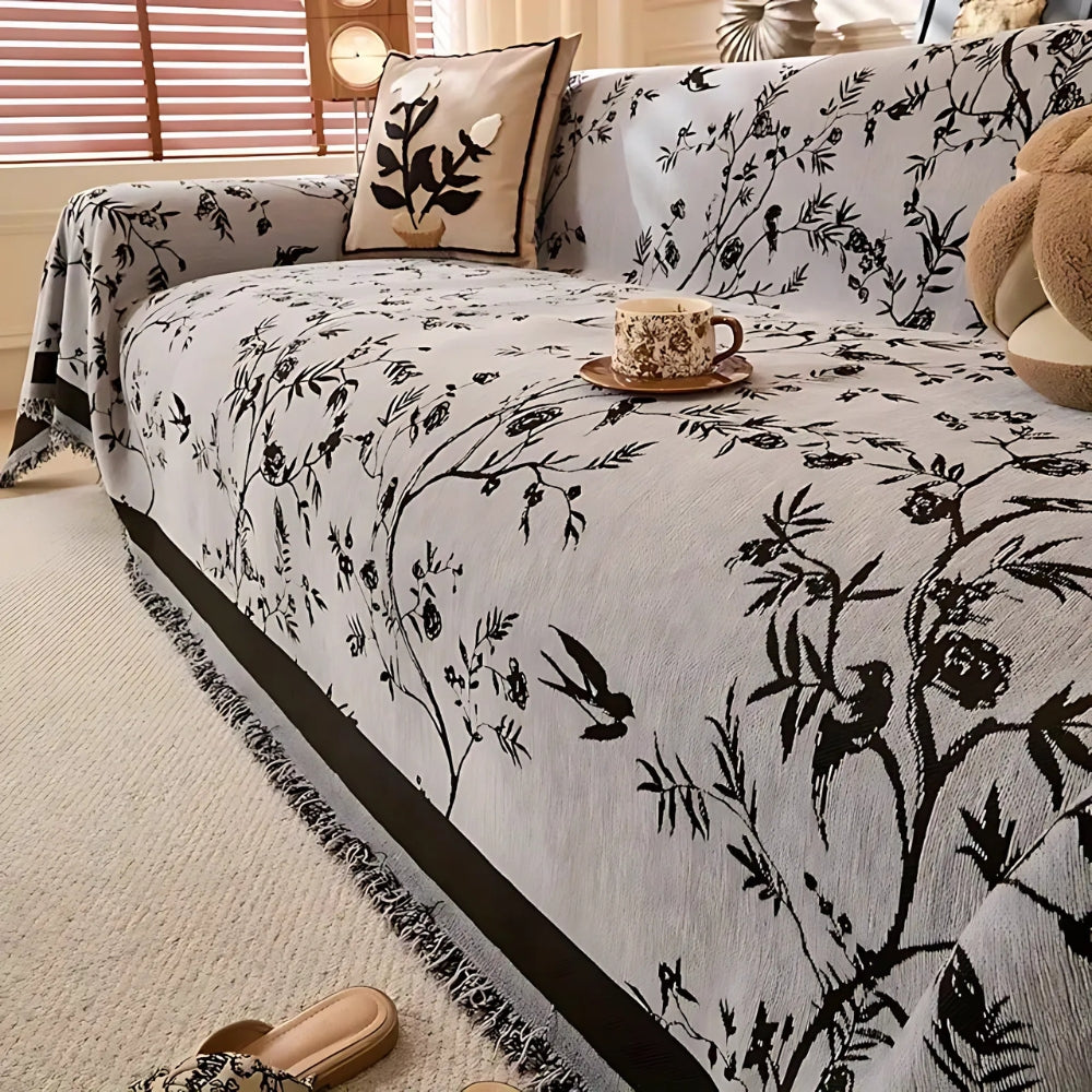 Chenille Couch Cover - Floral Jacquard Sofa Throw with Tassels