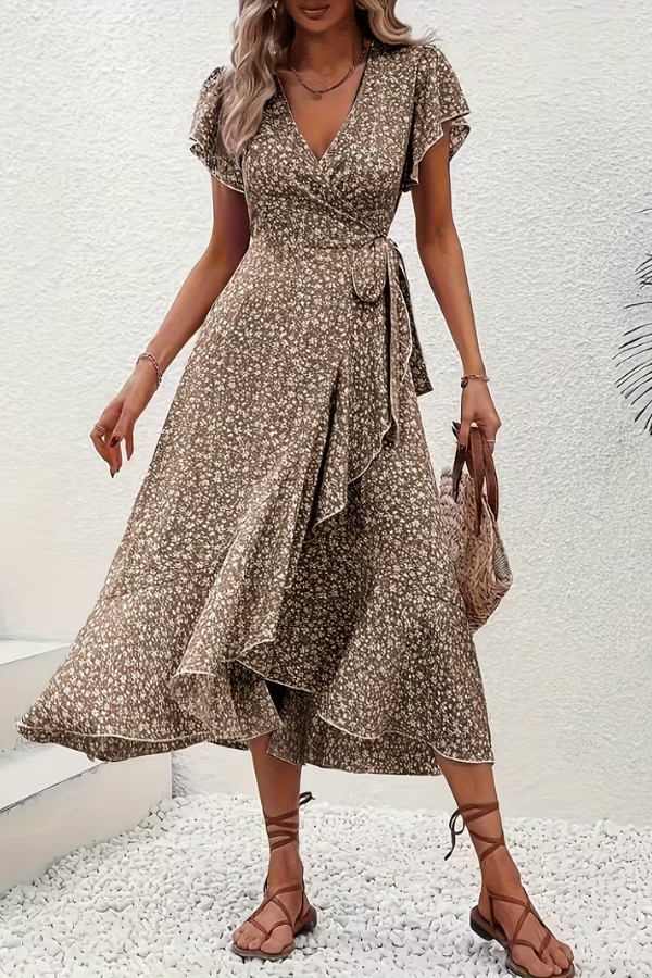 Floral V-Neck Dress with Asymmetrical Detailing