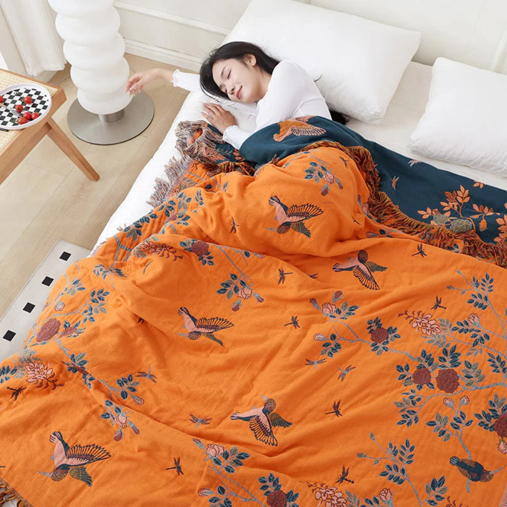 Ornate Layered Cotton Blanket - Jacquard Tasselled Throw