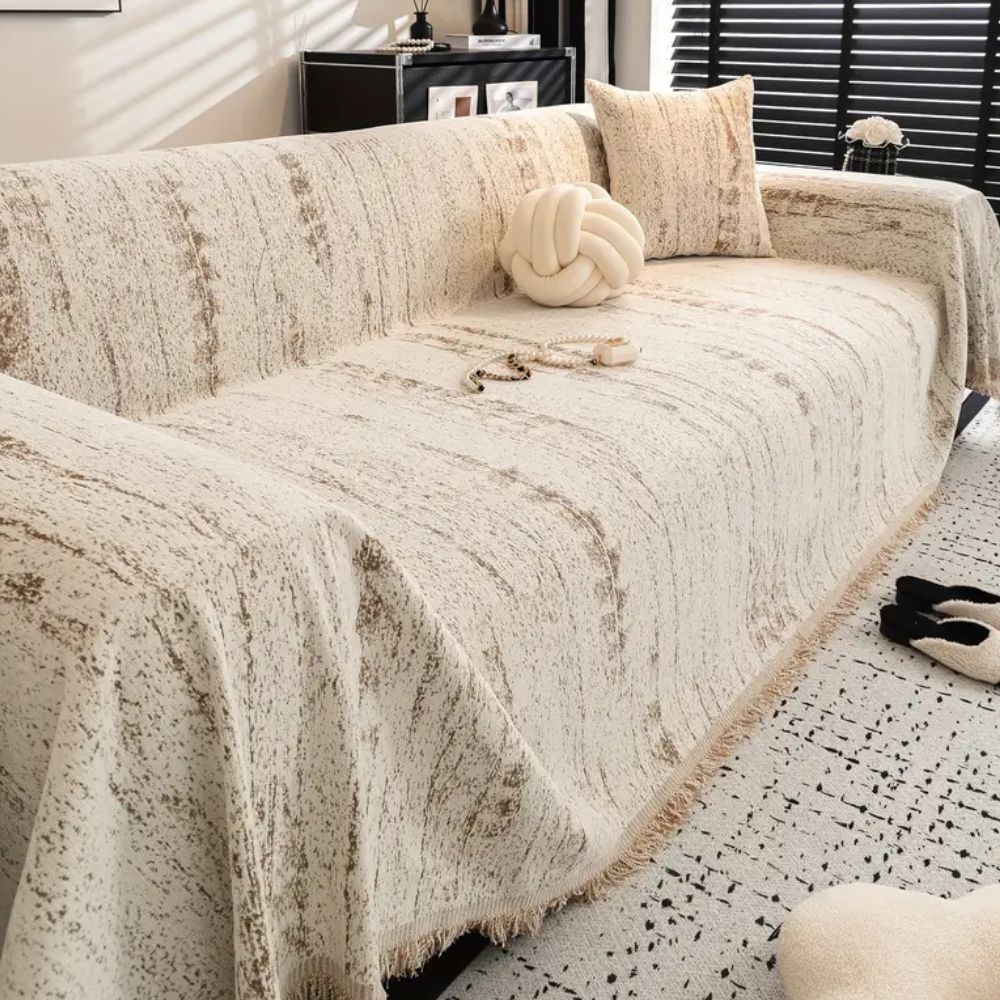 Almond Crest Chenille Couch Cover - Soft Neutral Sofa Throw