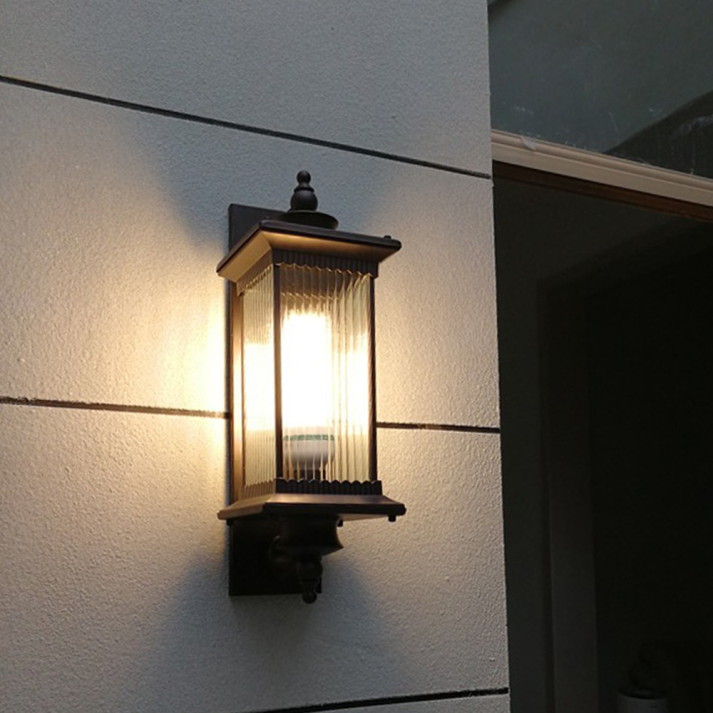 Classic Outdoor Wall Lantern - Ribbed Glass & Black Metal