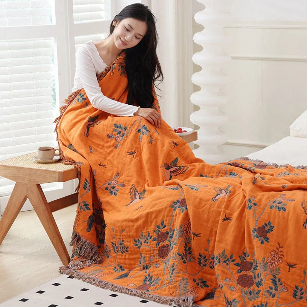 Ornate Layered Cotton Blanket - Jacquard Tasselled Throw