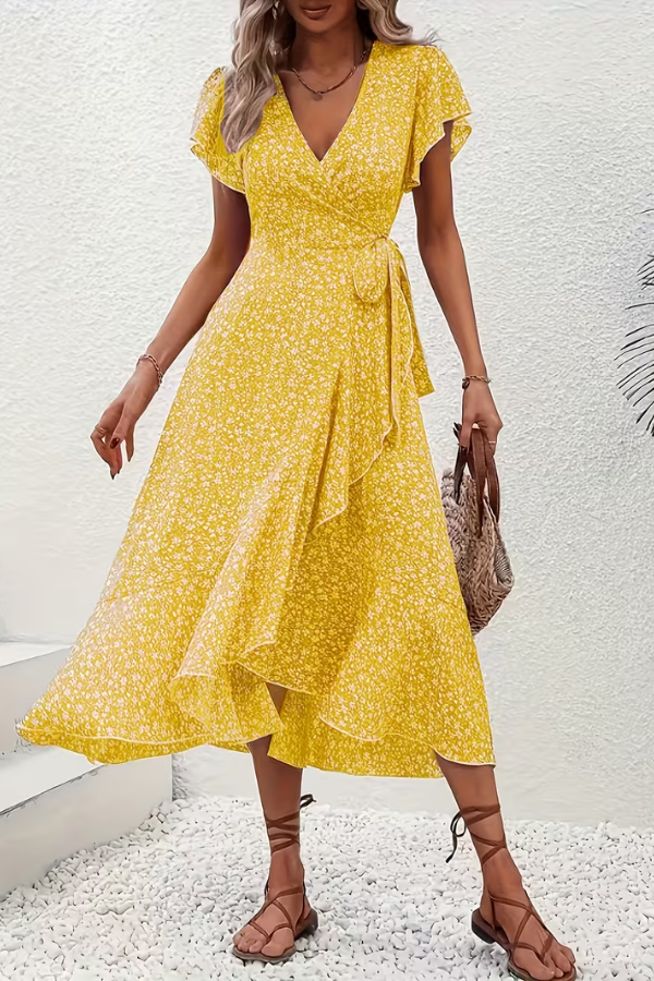 Floral V-Neck Dress with Asymmetrical Detailing