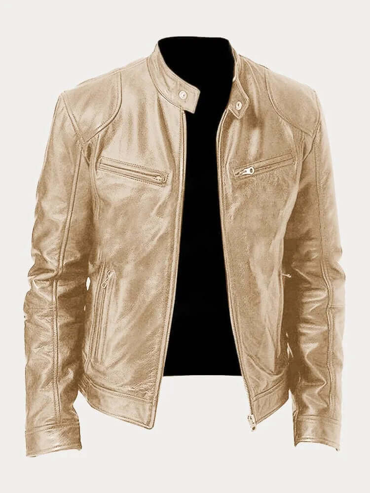 Men's Classic Leather Jacket - Stand Collar, Front Zip