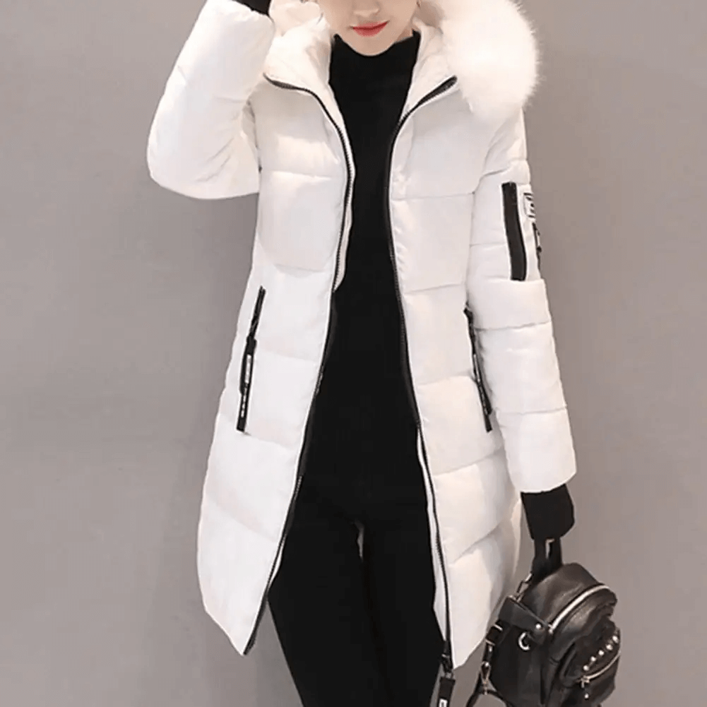 Windproof Puffer Coat for Women - Hooded Mid-Length