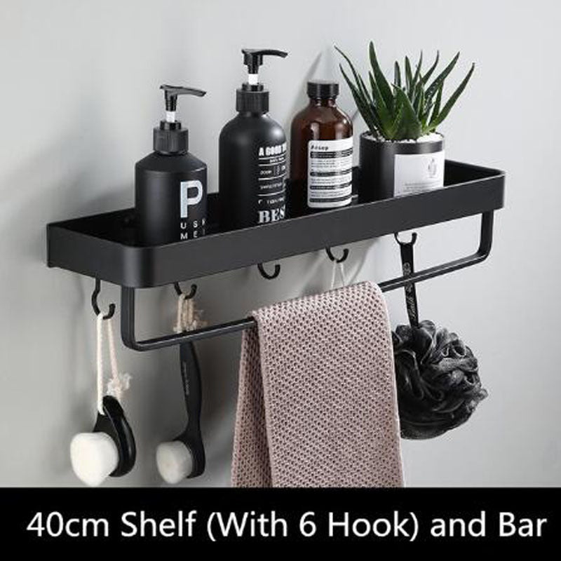 Black Aluminium Bathroom Wall Shelf with Hooks and Rod Options