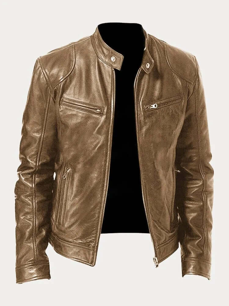 Men's Classic Leather Jacket - Stand Collar, Front Zip