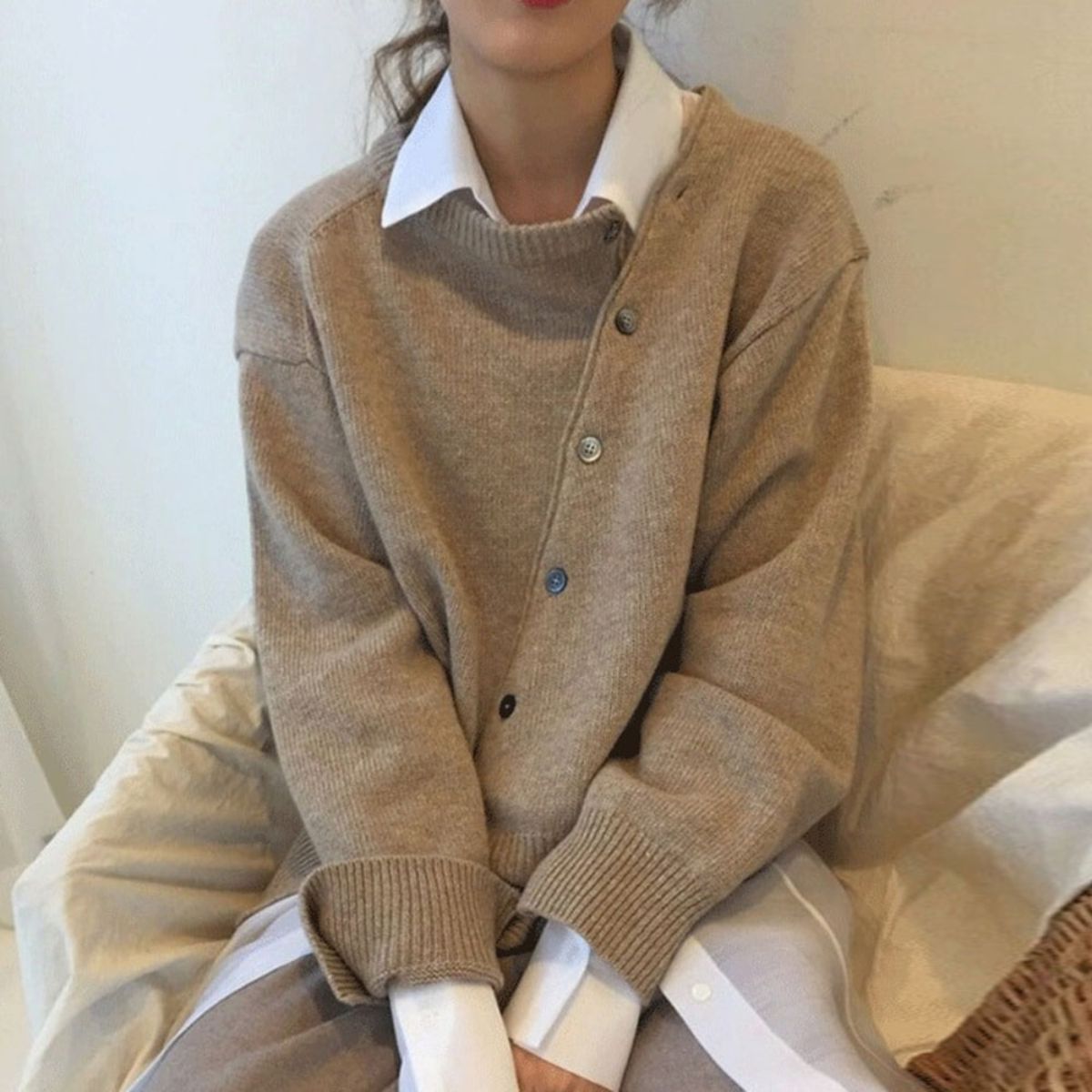 Cashmere Knit Cardigan with Asymmetric Button Detail