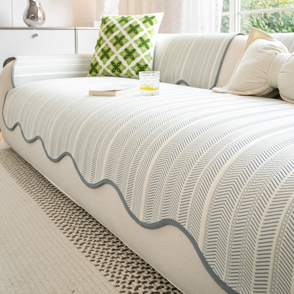 Herringbone Scallop Edge Couch Cover - Textured Sofa Throw