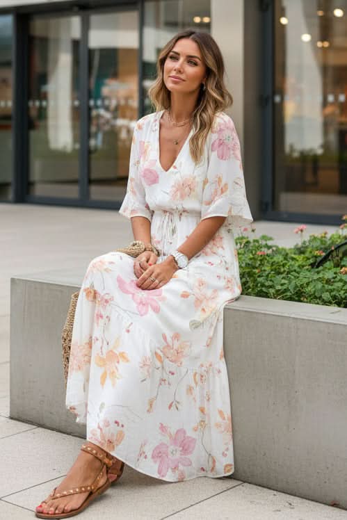 Bohemian Print Maxi Dress with Adjustable Waist