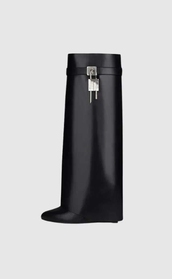 Black Vegan Leather Wedge Boots with Lock Detail