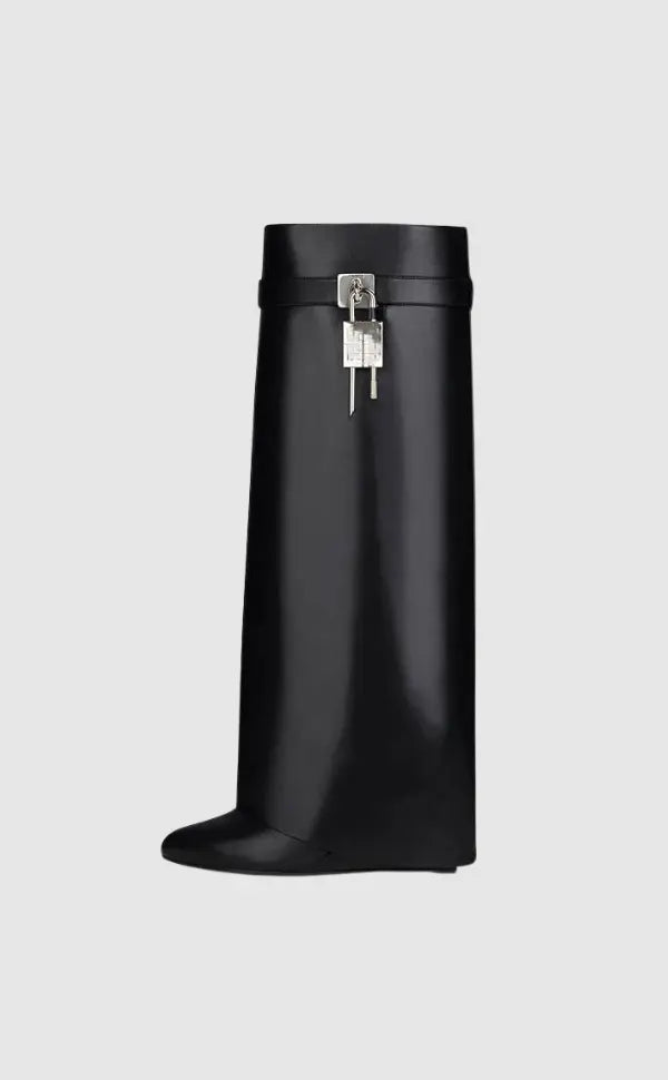Black Vegan Leather Wedge Boots with Lock Detail