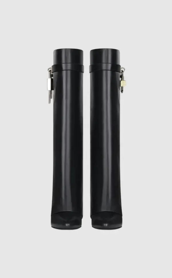 Black Vegan Leather Wedge Boots with Lock Detail