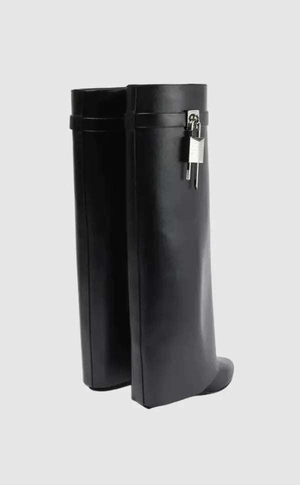 Black Vegan Leather Wedge Boots with Lock Detail