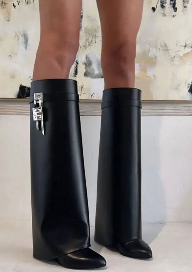 Black Vegan Leather Wedge Boots with Lock Detail