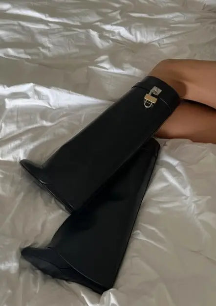 Black Vegan Leather Wedge Boots with Lock Detail