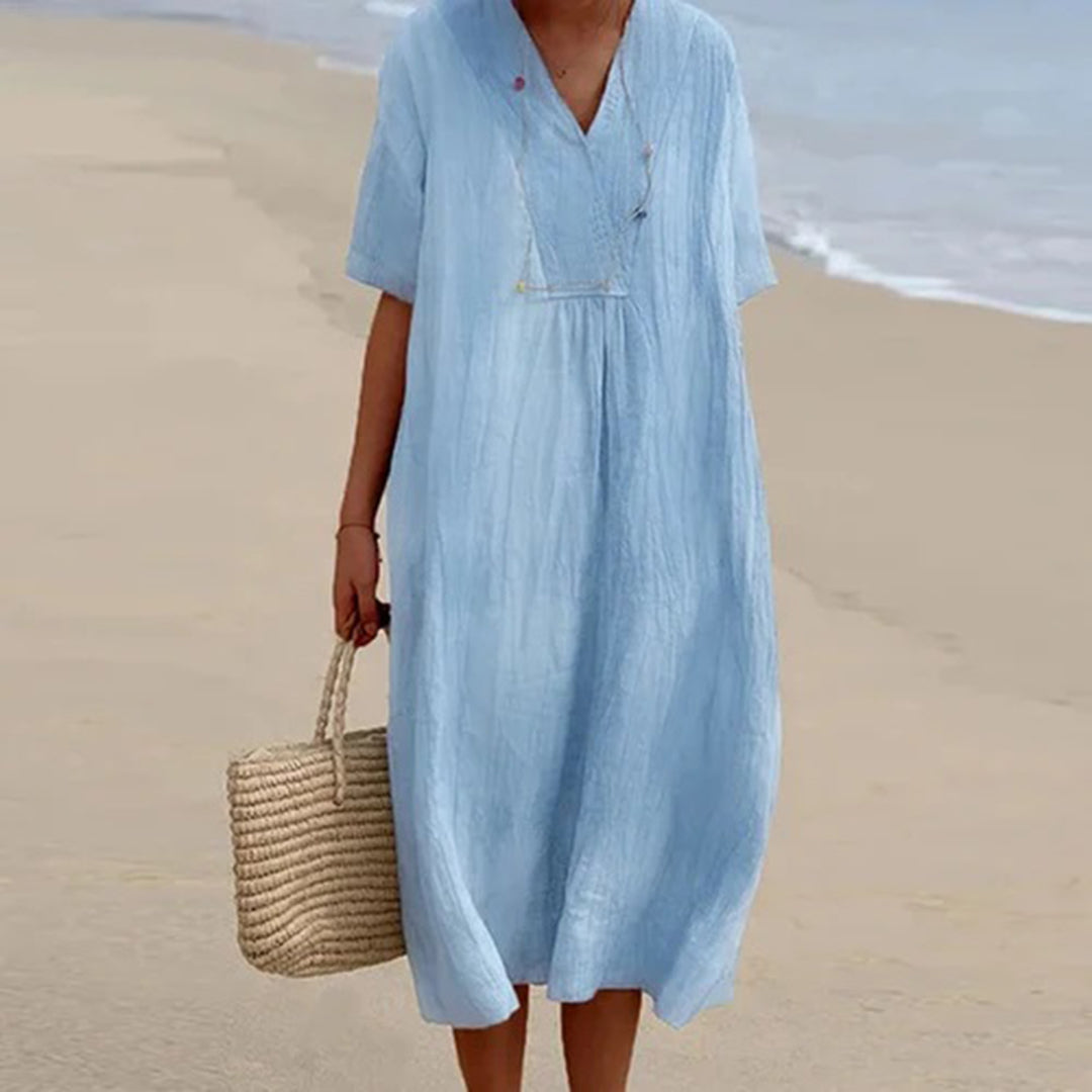 Summer Linen Midi Dress | V-Neck Loose Fit