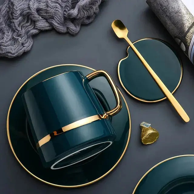 Ceramic Coffee Mug Set - Teal Green with Gold Rim