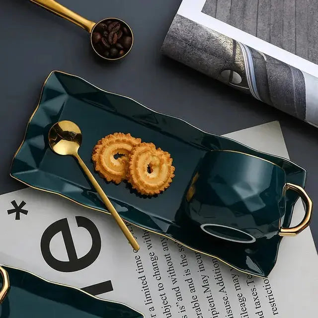 Ceramic Coffee Mug Set - Teal Green with Gold Rim