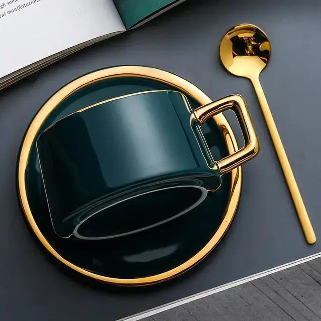 Ceramic Coffee Mug Set - Teal Green with Gold Rim