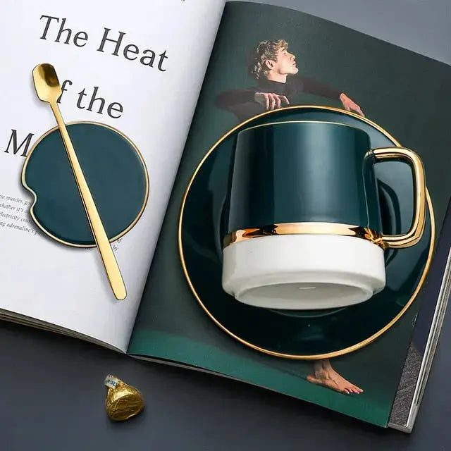 Ceramic Coffee Mug Set - Teal Green with Gold Rim
