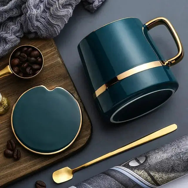 Ceramic Coffee Mug Set - Teal Green with Gold Rim