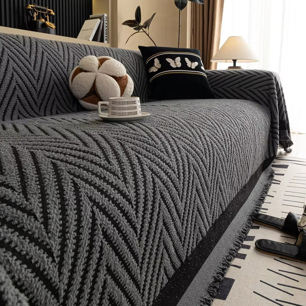 Chevron Herringbone Couch Cover - Textured Tassel Sofa Throw