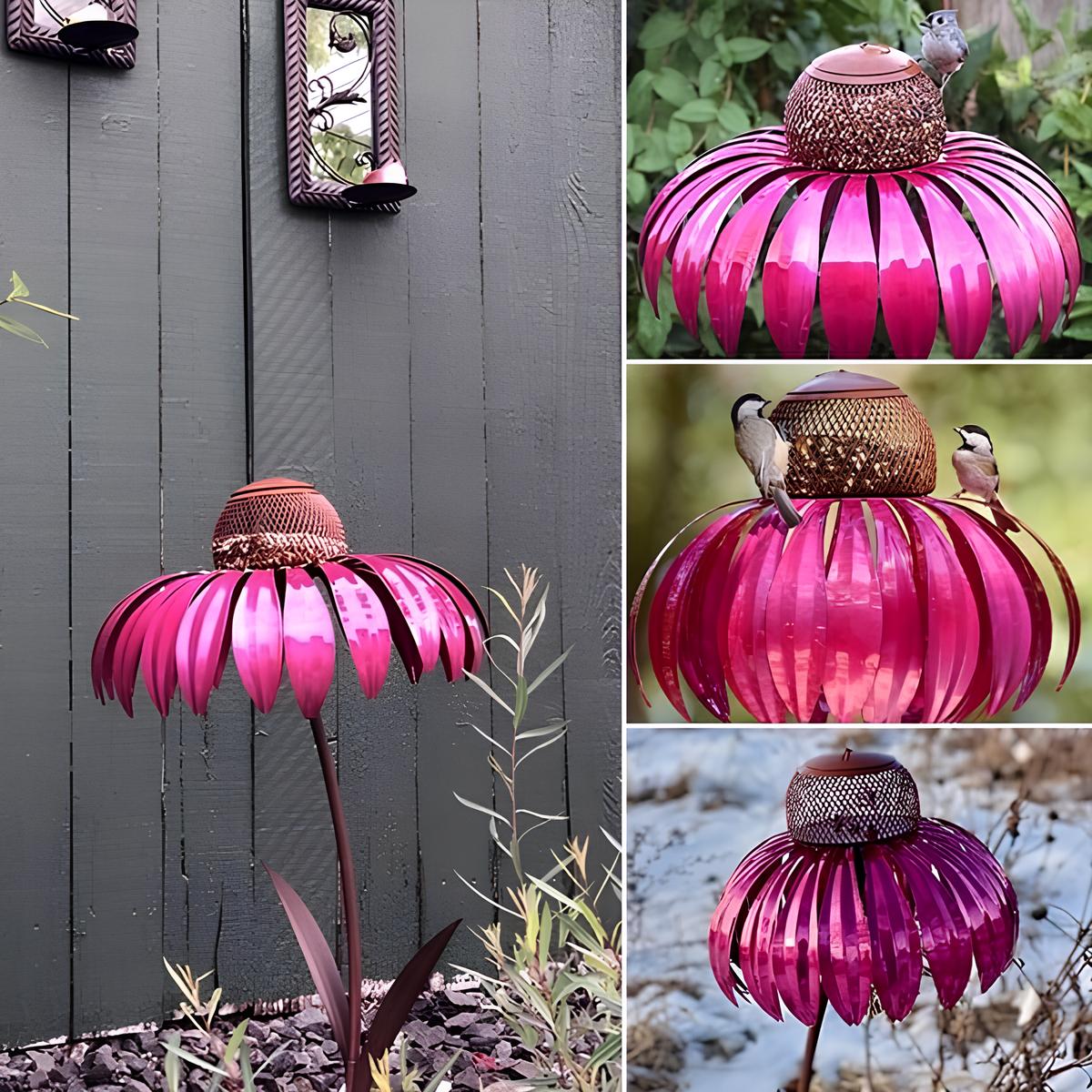 Metal Garden Bird Feeder | Sunflower Design with Pink Petals