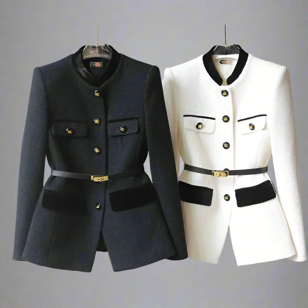 Military-Style Wool Blazer with Gold Button & Belt Detail