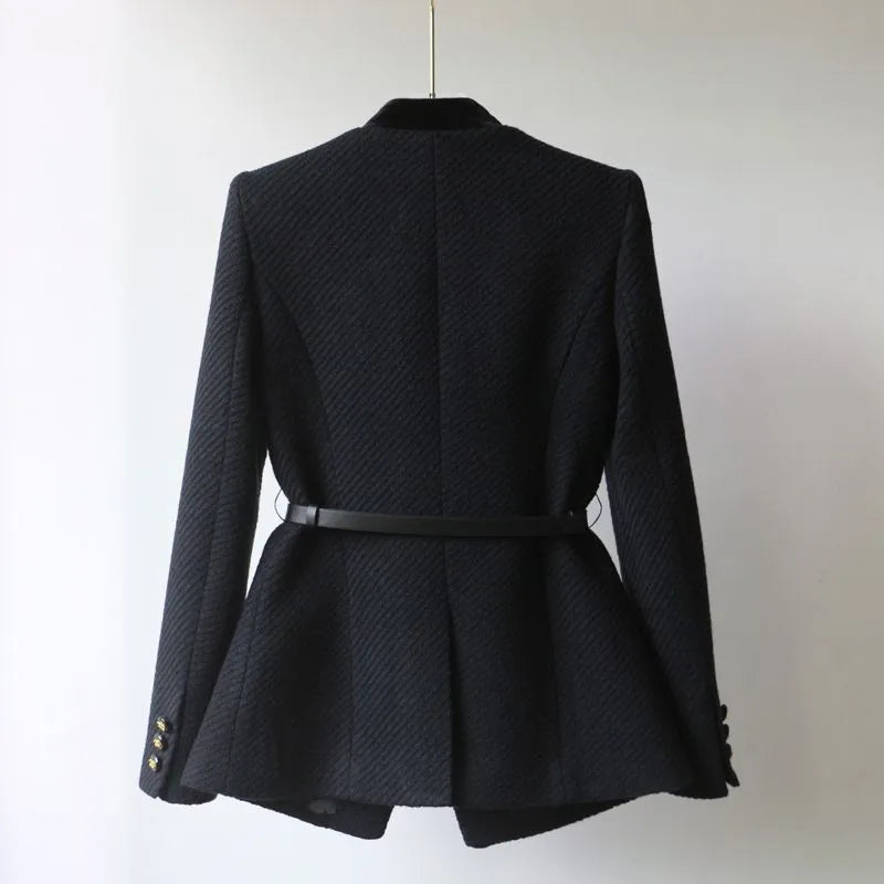 Military-Style Wool Blazer with Gold Button & Belt Detail