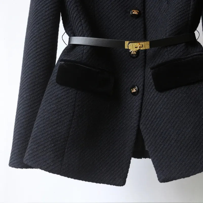 Military-Style Wool Blazer with Gold Button & Belt Detail