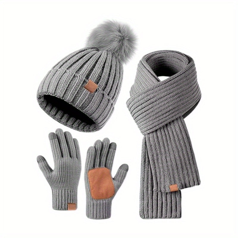 3-in-1 Winter Knit Hat, Scarf & Touchscreen Gloves Set