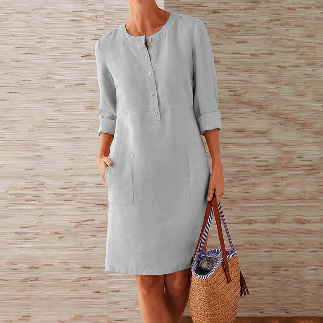 Linen Summer Shift Dress - Button-Front Roll-Up Sleeves