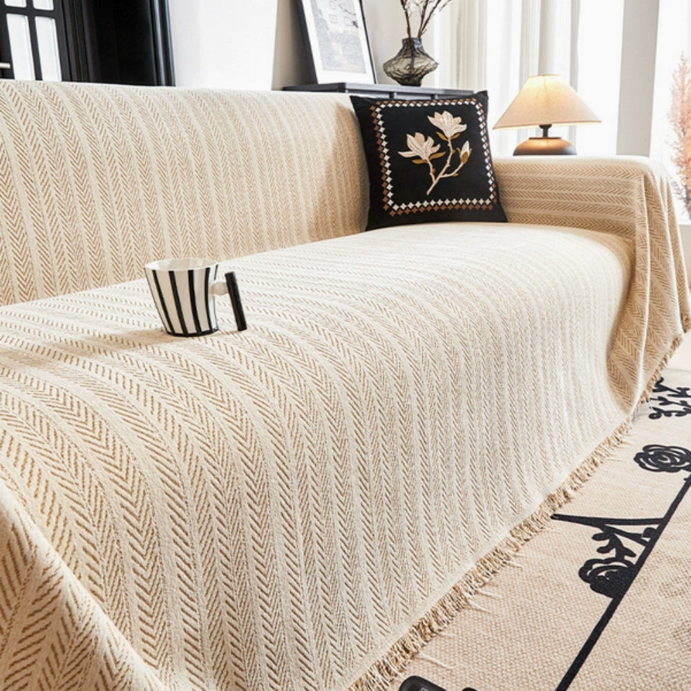 Herringbone Chenille Couch Cover with Tassel Trim