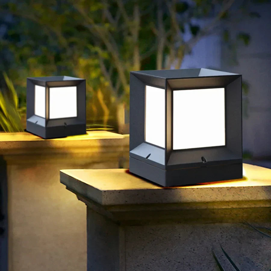 Modern Outdoor Post Light - Black Cube Pillar Lamp