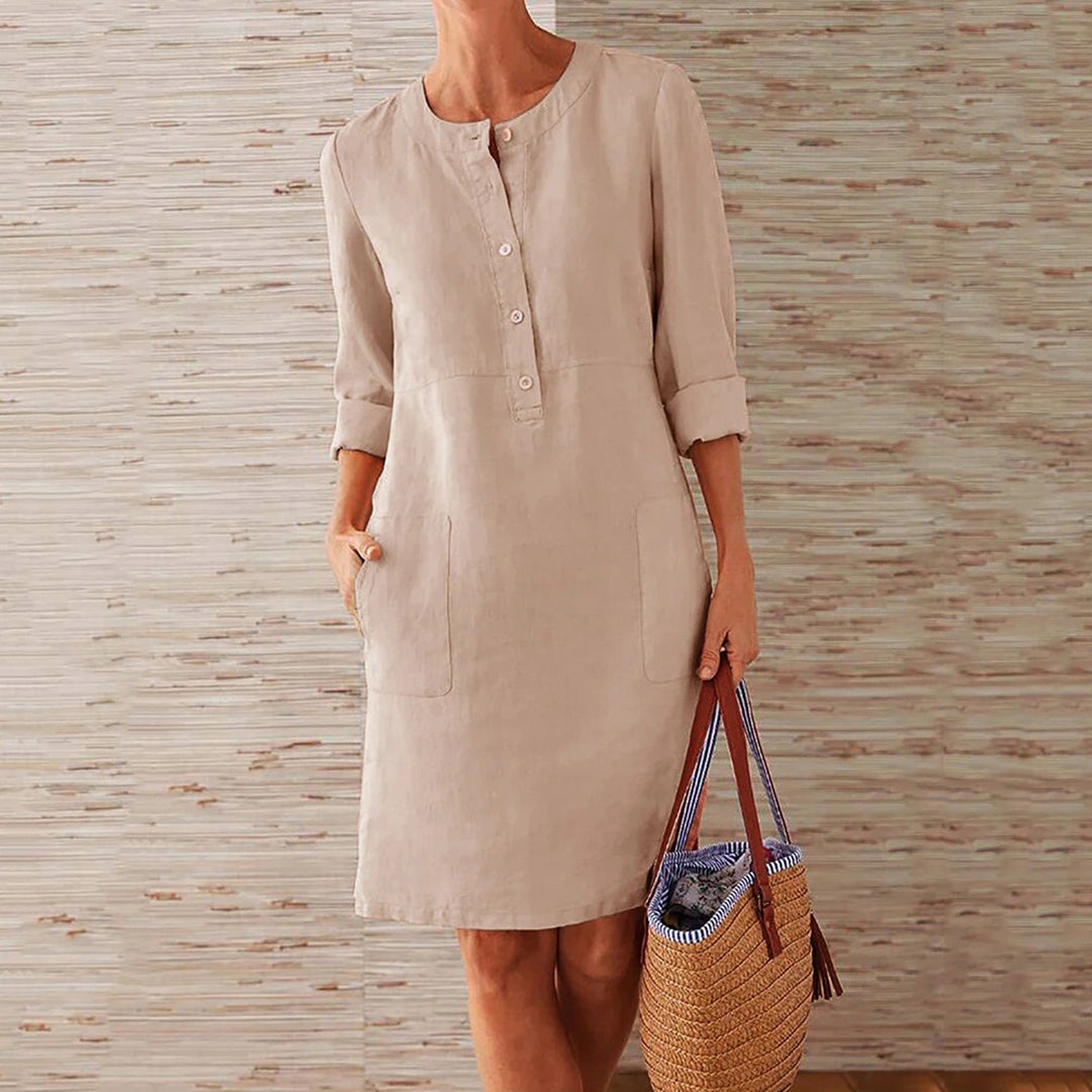 Linen Summer Shift Dress - Button-Front Roll-Up Sleeves